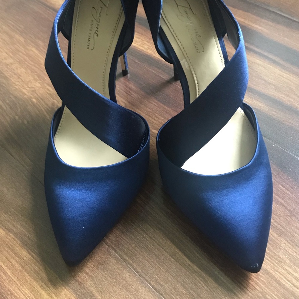 Blue satin cross over strap stilettos